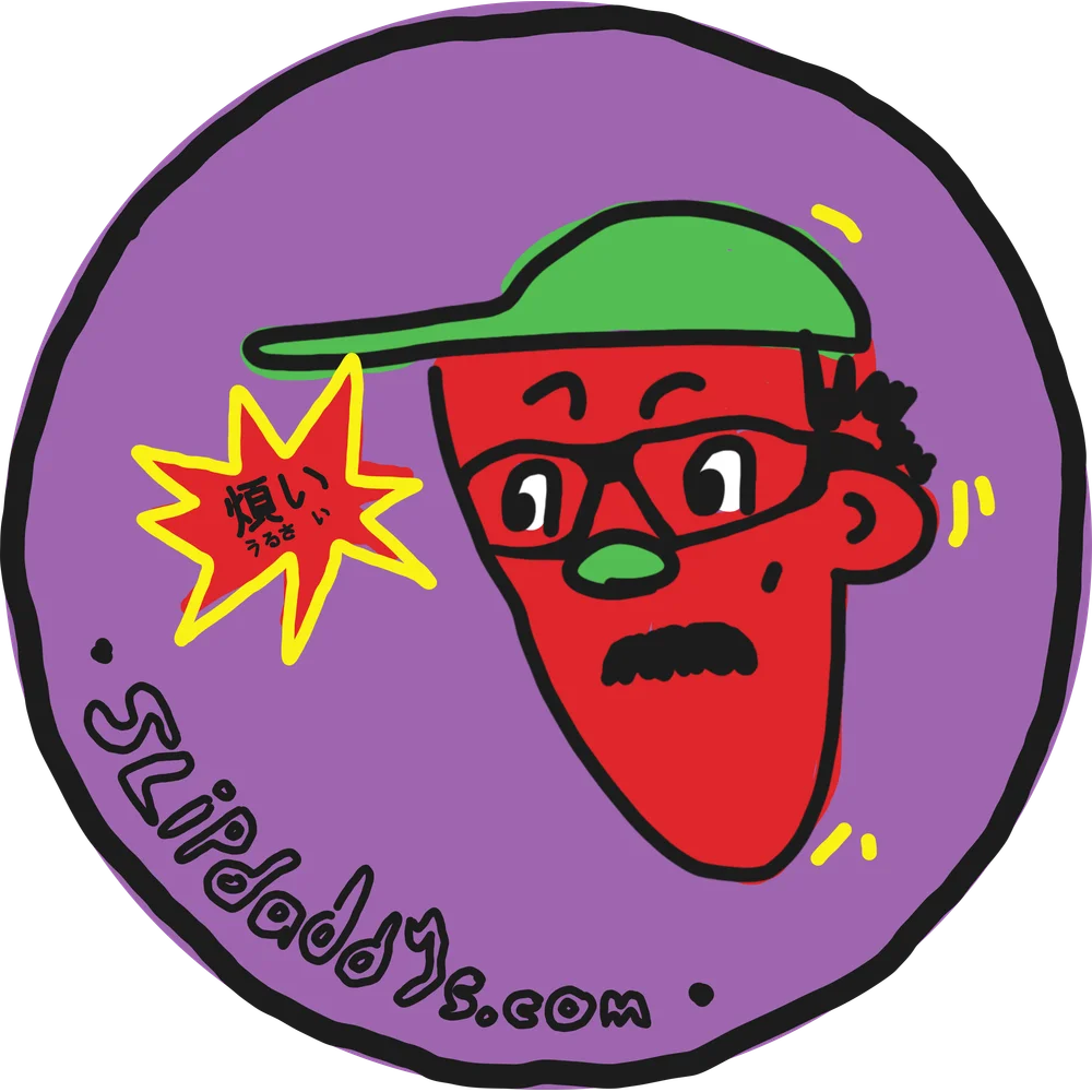 The OG slipmat: a beet red dad in a green cap shouting うるさい in a starburst, on a purple mat
